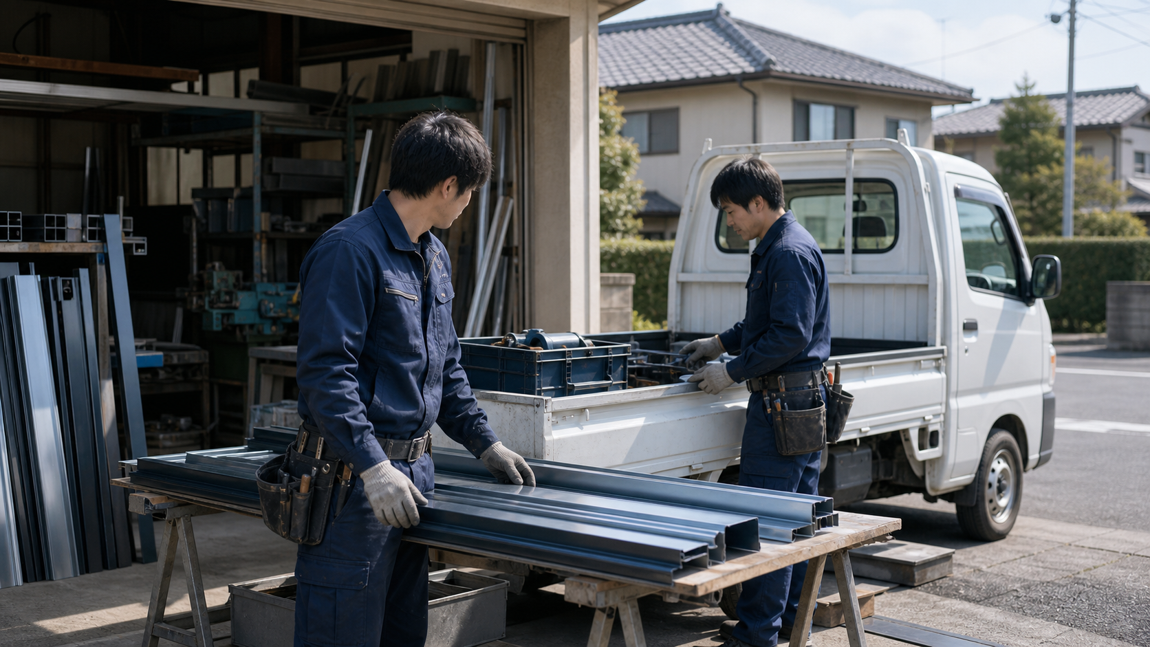 地域の板金工事会社の職人と作業車のイメージ